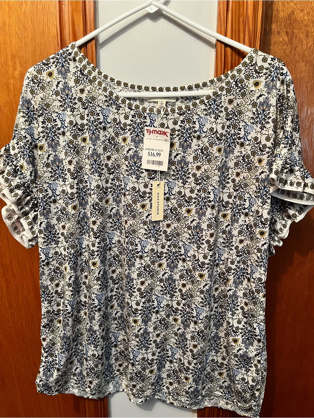 Floral Eyelet Short Sleeve Tee in White and Blue - TJ Maxx